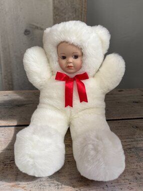 Vintage Porcelain Doll Face Plush Teddy Bear With Red Bow For Display Or Collect